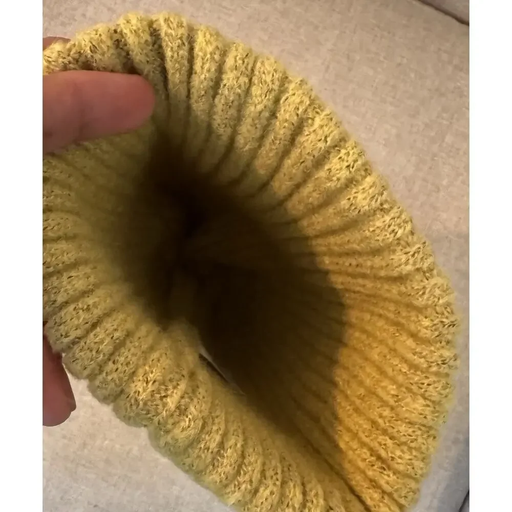 Virginia Wolf Sunray Beanie Hat Faux Fur Snap on Pom Gold Mustard Knit Beachly