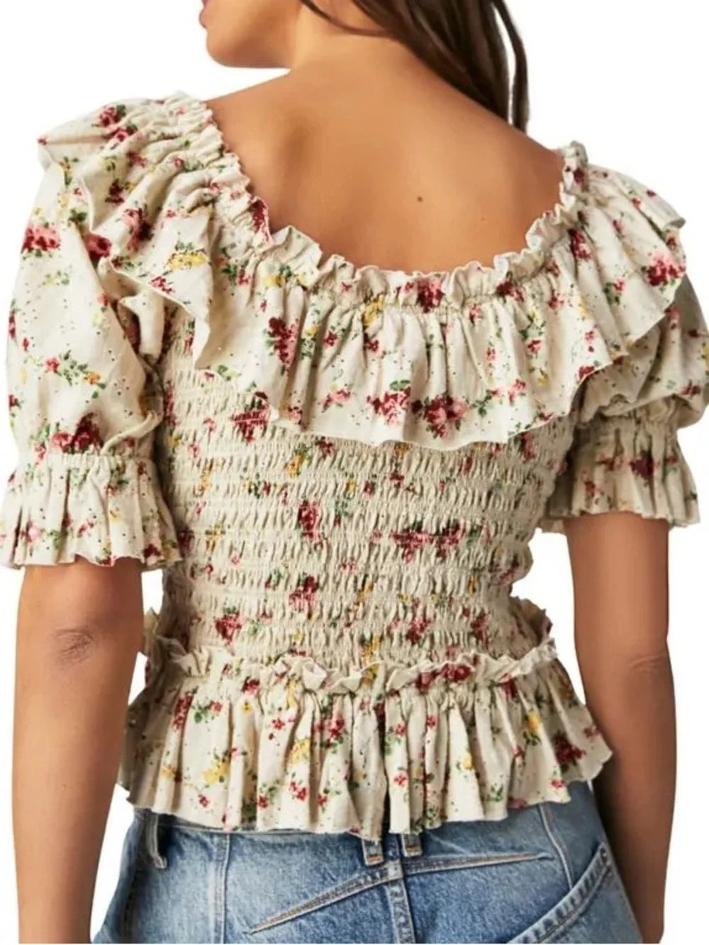 Free People Favorite Girl Smocked Floral Crop Top Cream Ruffle Shabby Chic M