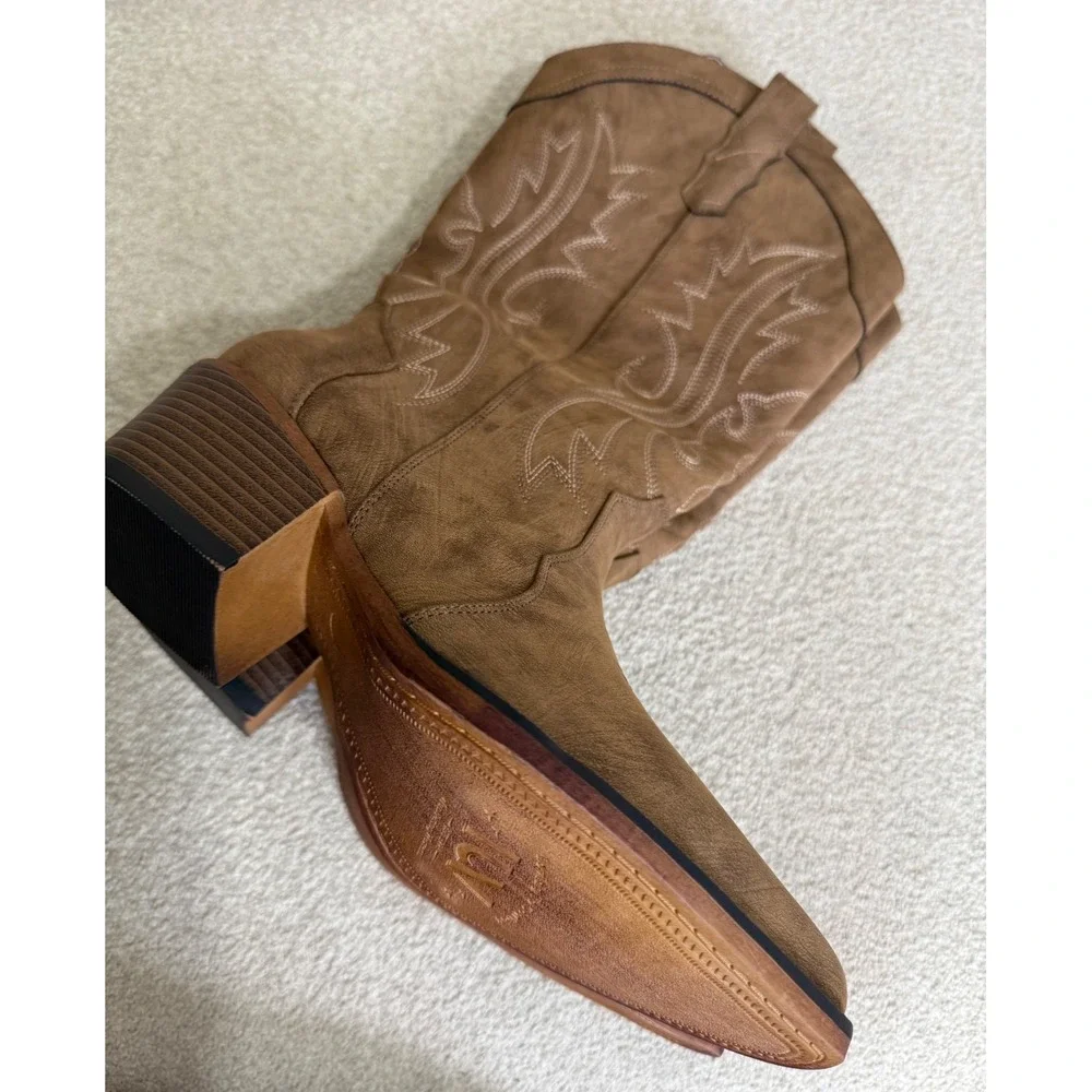 IUV Women's Western Cowboy Boots Taupe Embroidered Mid Calf Block Heel US 8