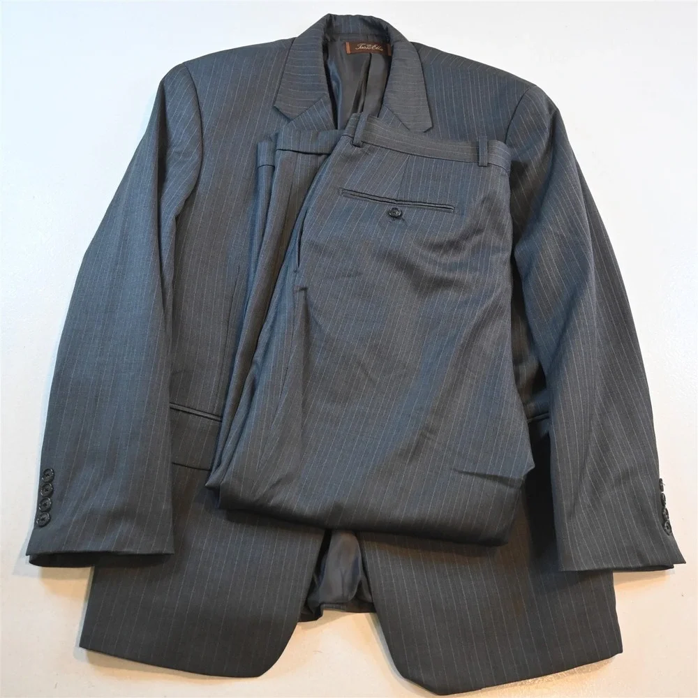 Vtg‎ Y2K Boxy 2000s 42S 33x29 Gray Striped 100% Wool Mens Jacket Pants Suit