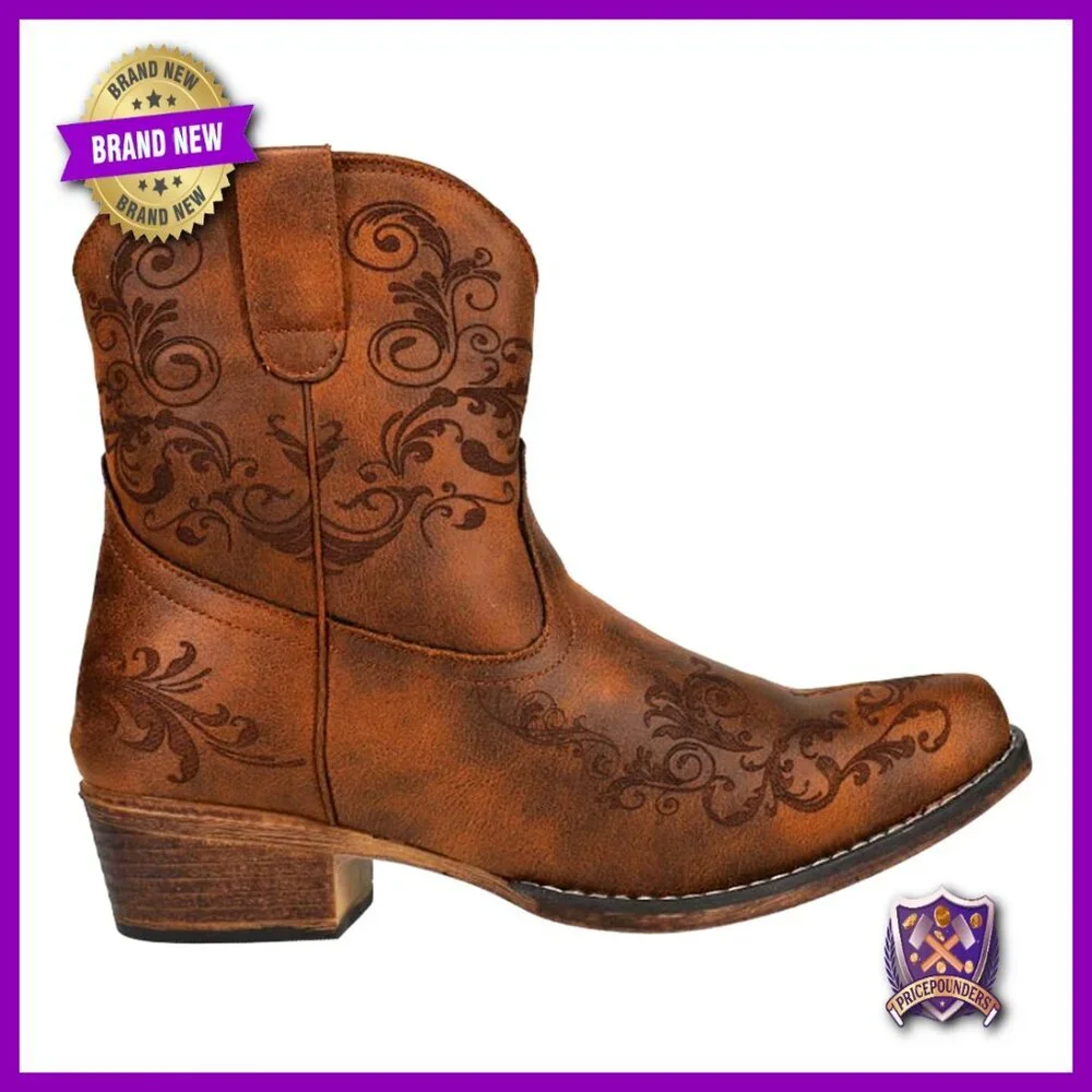 Snip Toe Cowboy Booties Vintage Western Pull On Ankle Boots Comfort Footbed