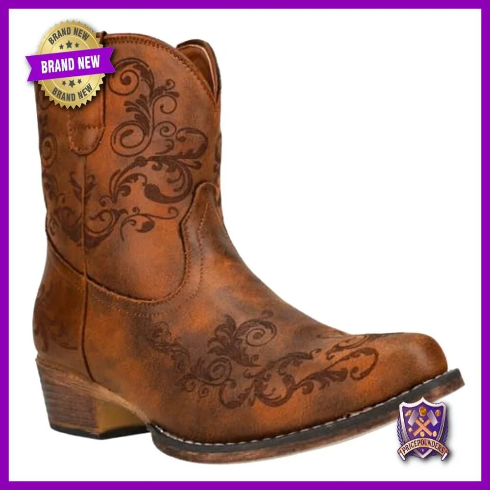 Snip Toe Cowboy Booties Vintage Western Pull On Ankle Boots Comfort Footbed