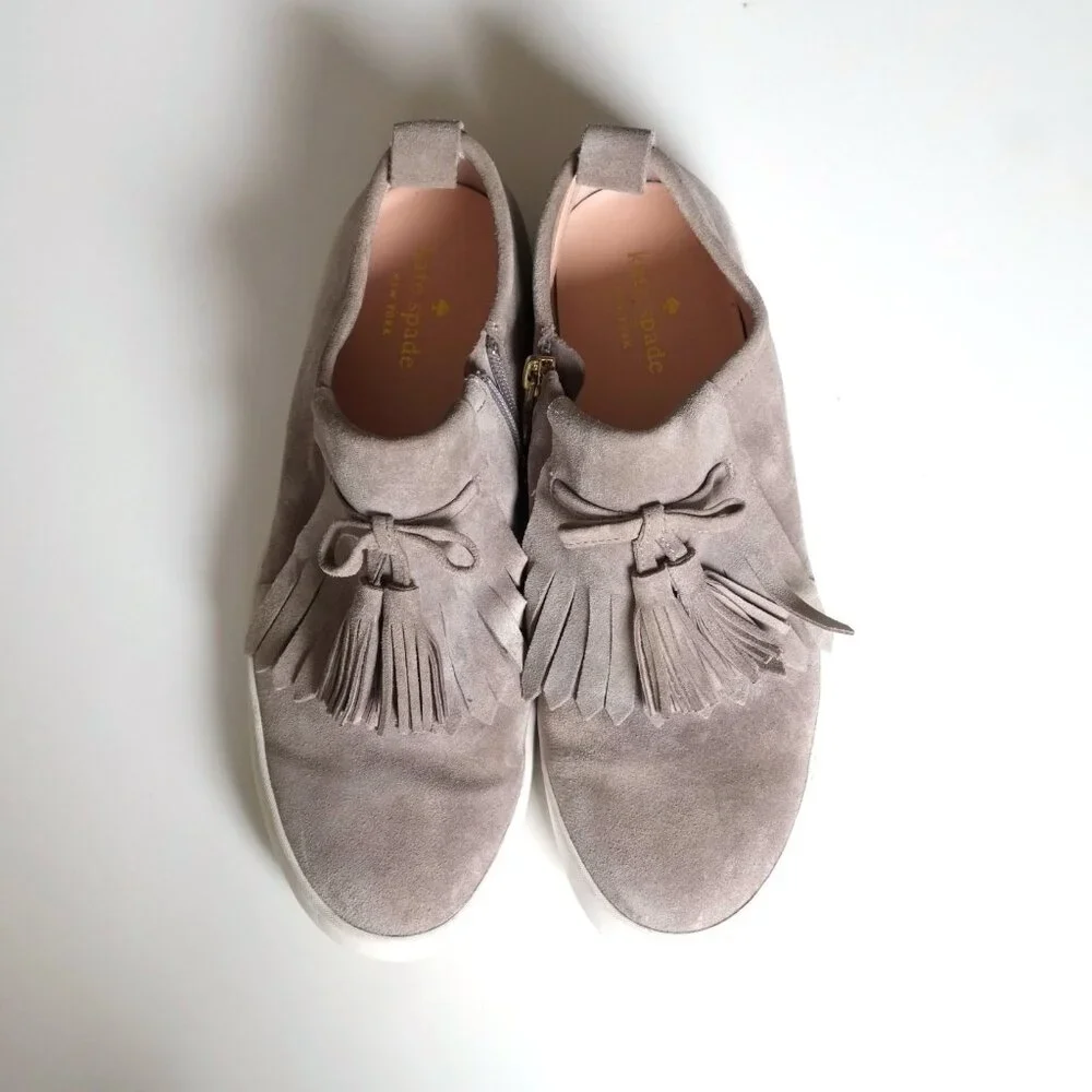 Kate Spade Gray Tan Suede Lenna Tassel Sneakers Shoes Size 8.5