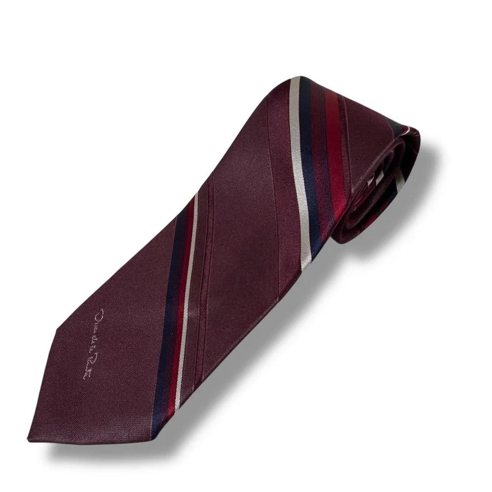 Vintage Oscar De La Renta Tie Maroon Burgundy Striped Silk‎ and Polyester