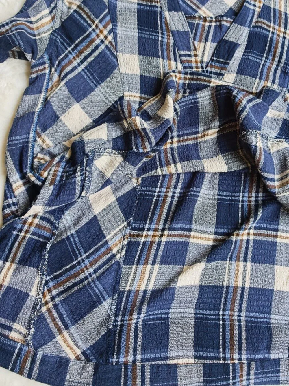 Free People We The Free By The Shore Plaid Shirt XS Blue Oversized V-Neck Pullov