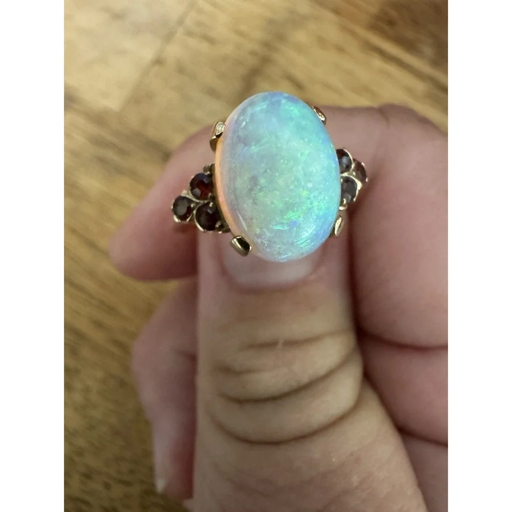 Vintage Large Natural Crystal Australian Opal & Ruby Ring 14K Size 8.75