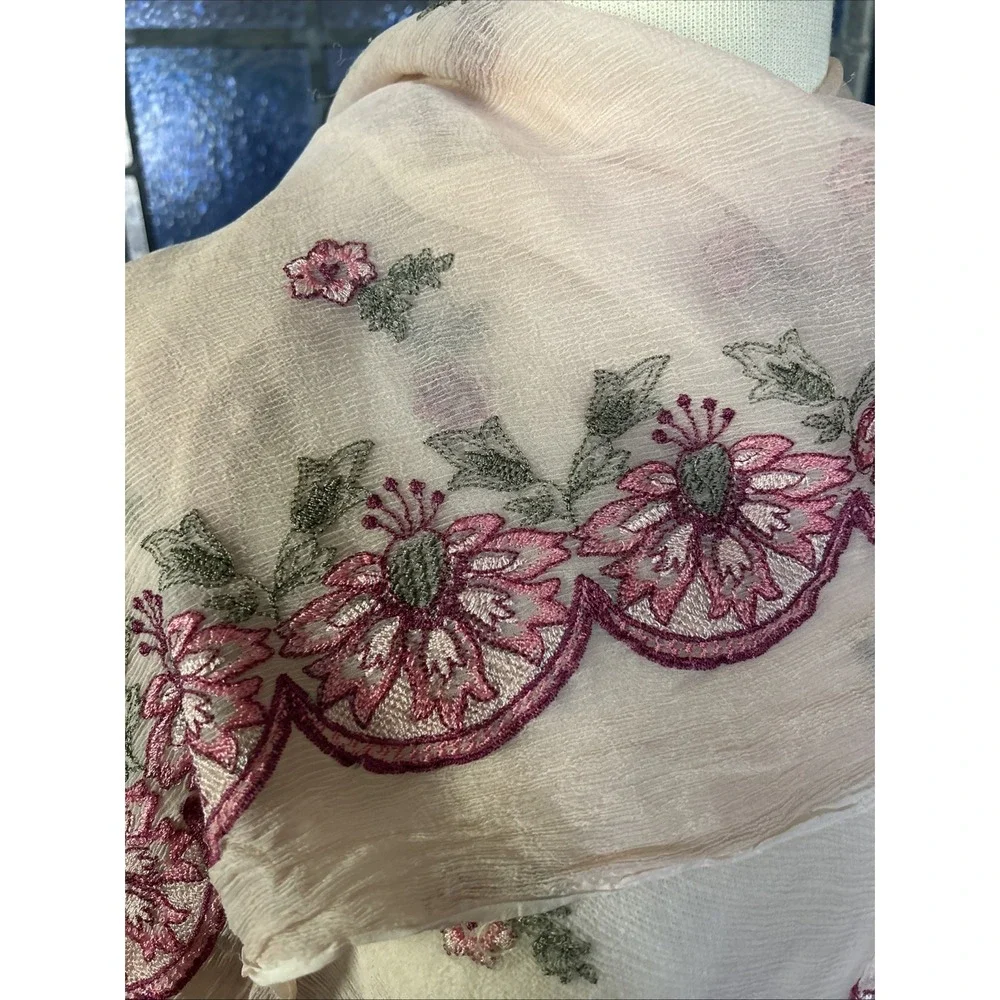 Pink Silk Sheer Embroidered Scarf Shawl Wrap 36