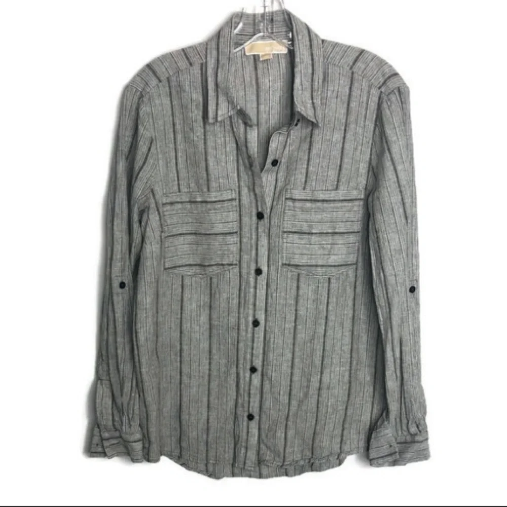 Michael Kors Women Gray Stripe Button Down Shirt Size S‎