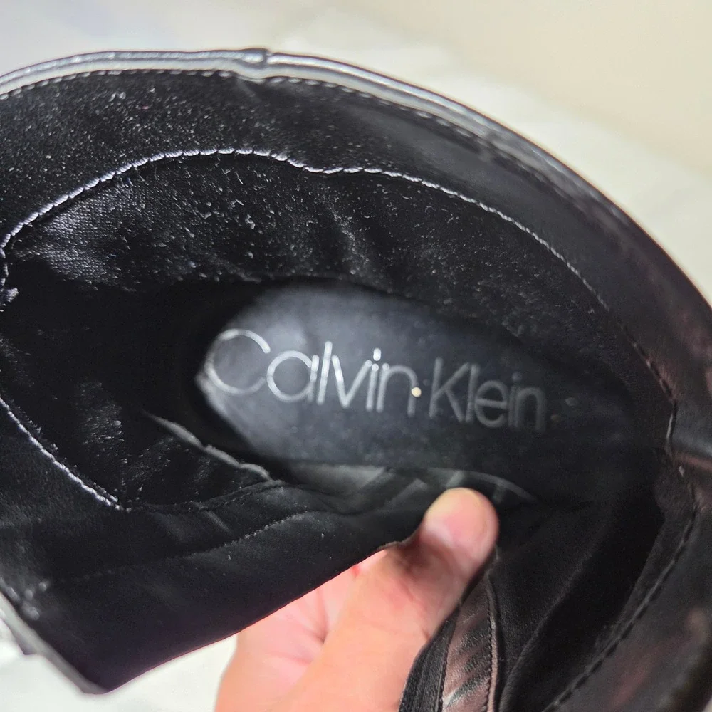 Calvin Klein Black Leather Pointed Toe Ankle Boots Silver Logo Hardware W9.5M