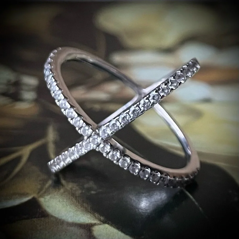 Crossed Crystal Sterling Silver Ring 925