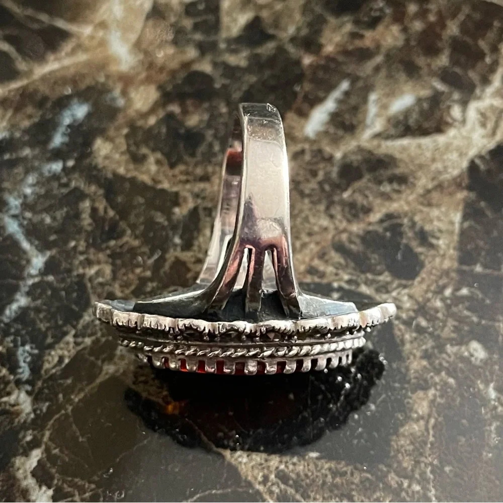 Vintage Amber Glass and Marcasite Marquis sterling silver ring