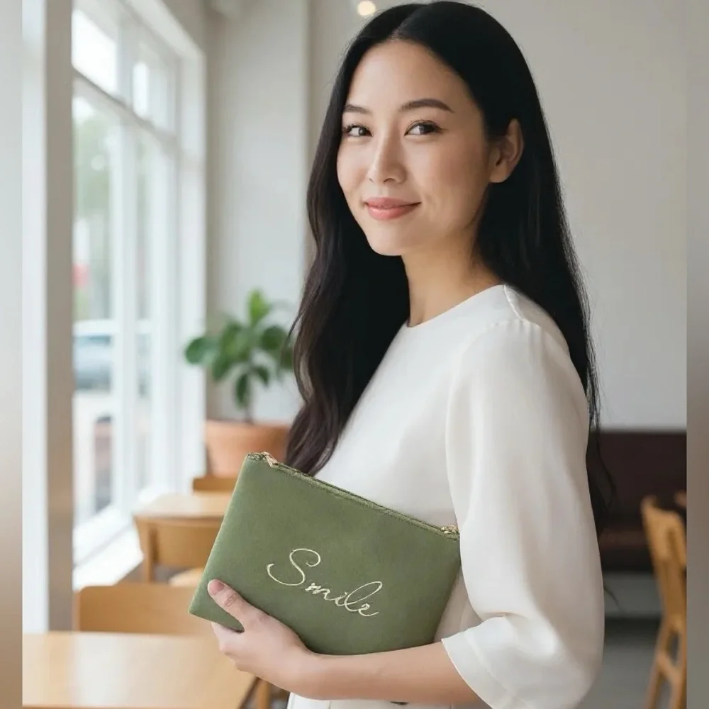 Anthropologie Green Velvet Smile Pouch Wristlet Clutch Bag NWOT
