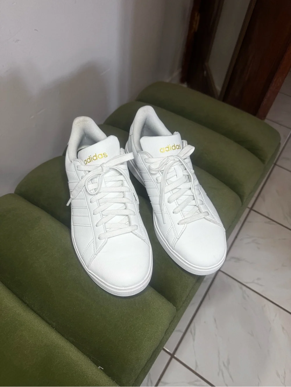adidas White Sneakers with Gold Script Logo