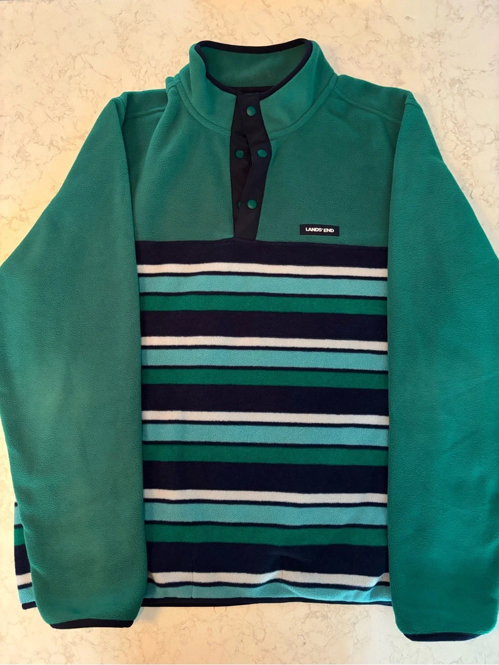 Lands' End Teal & Navy Striped Fleece Pullover-L