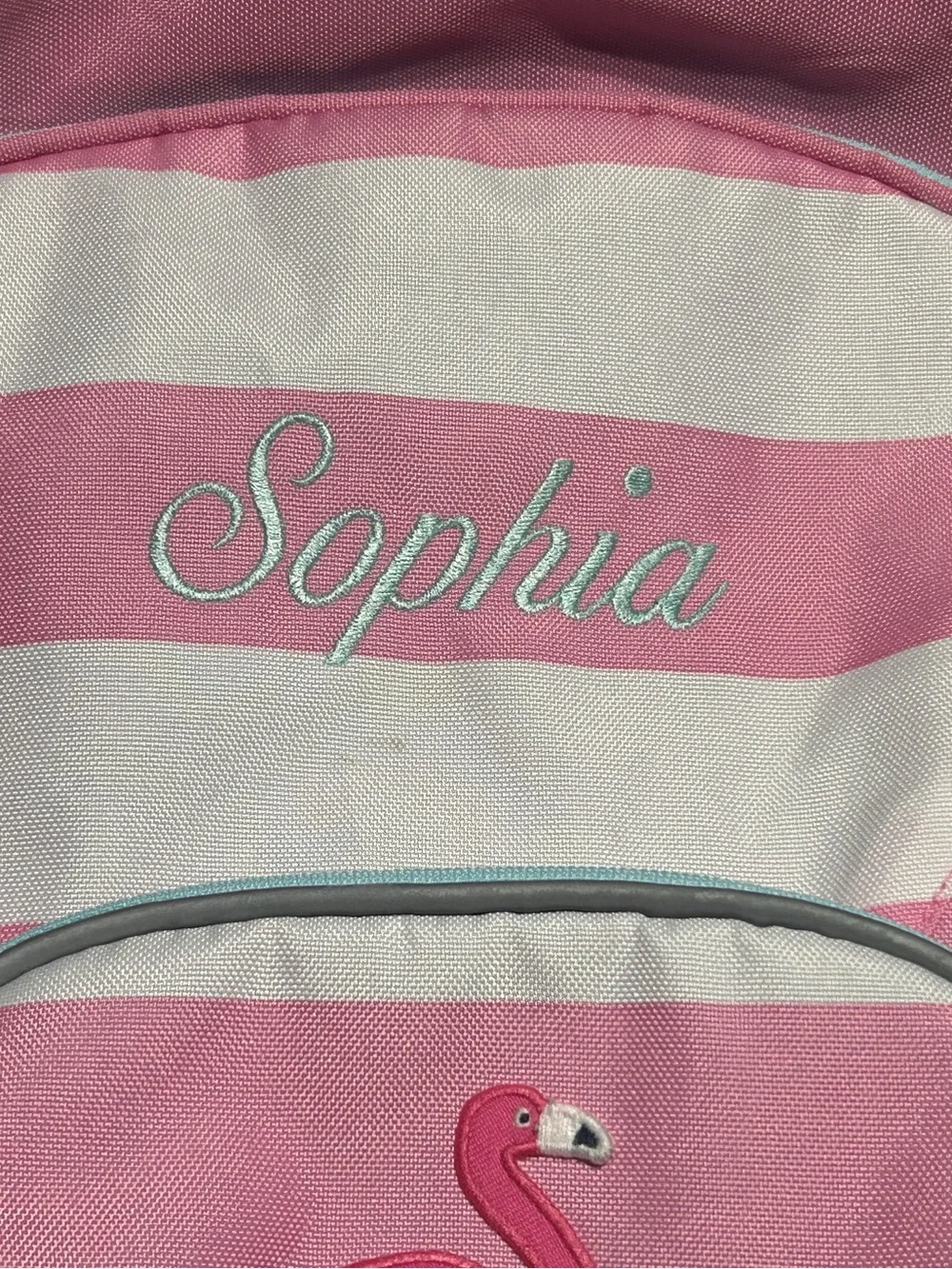 Pottery Barn Kids Pink & White Striped Backpack with “Sophia” Stitched