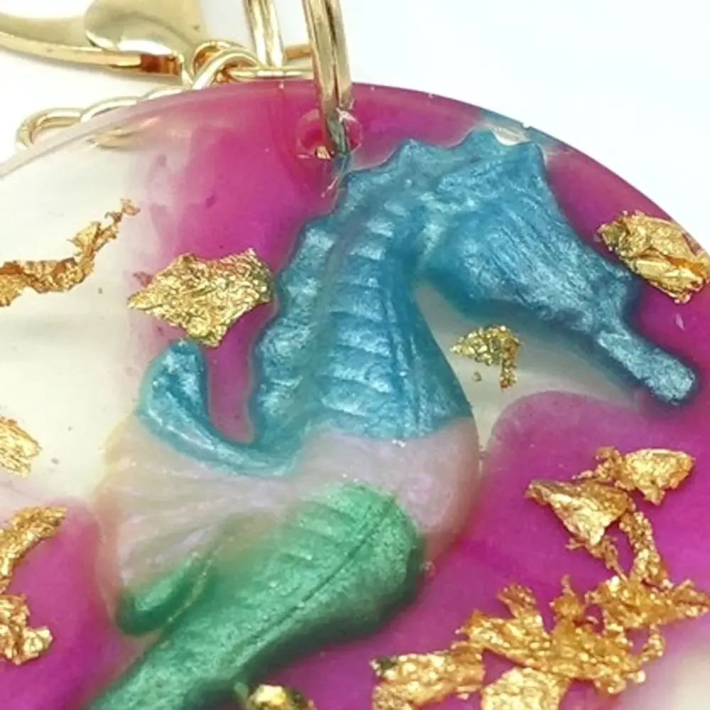 Tropical Seahorse resin Keychain with Gold n Fushia accents!  Luggage/Key fob