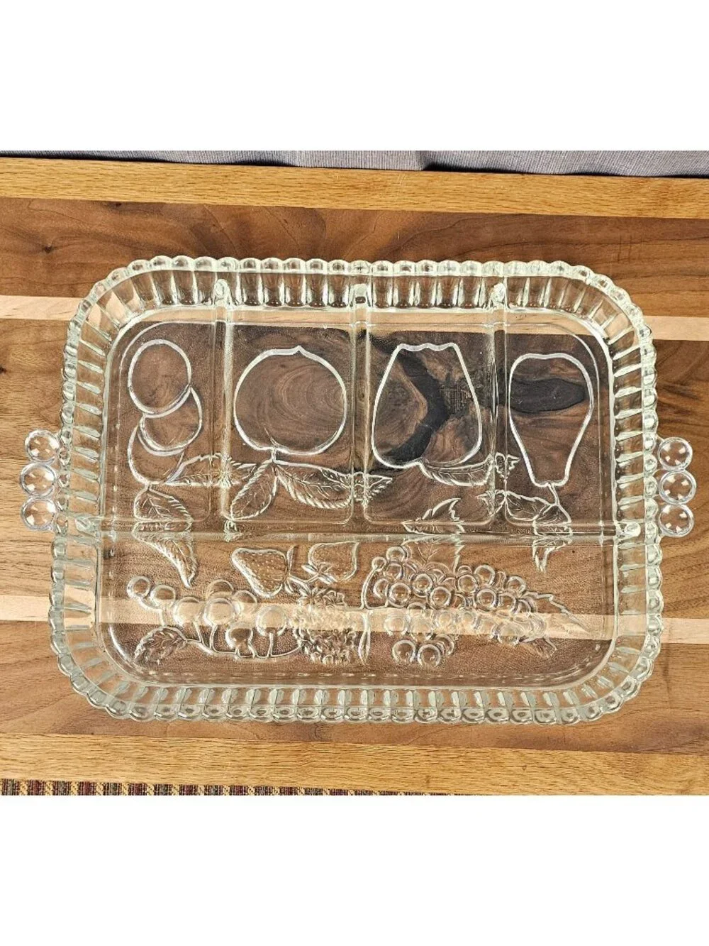 Vintage Pressed Glass Serving Tray With Etched Fruit Design & Handles 12x8 Inche