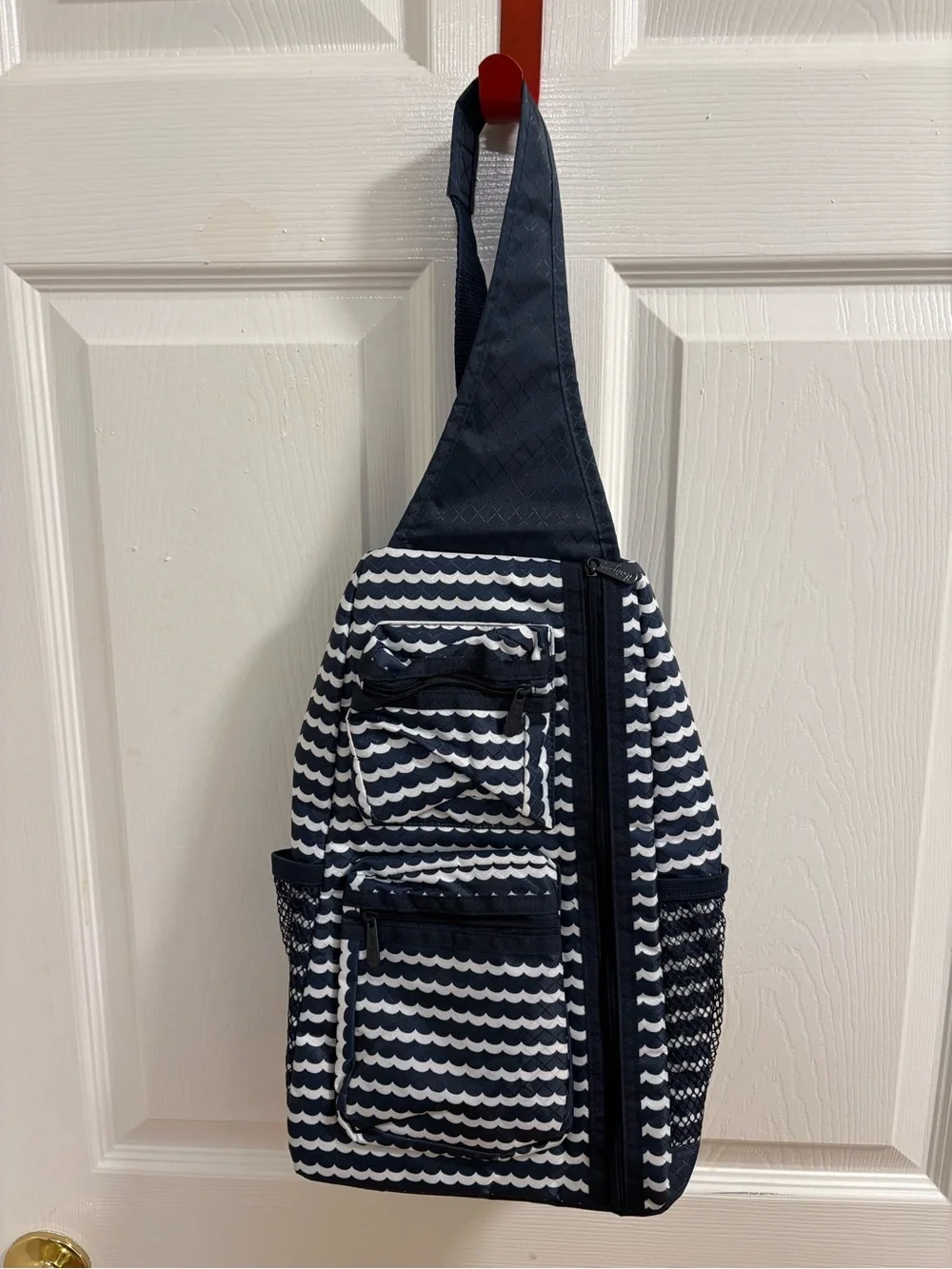 Thirty-One Navy & White Wave Print Slingback Backpack , like new