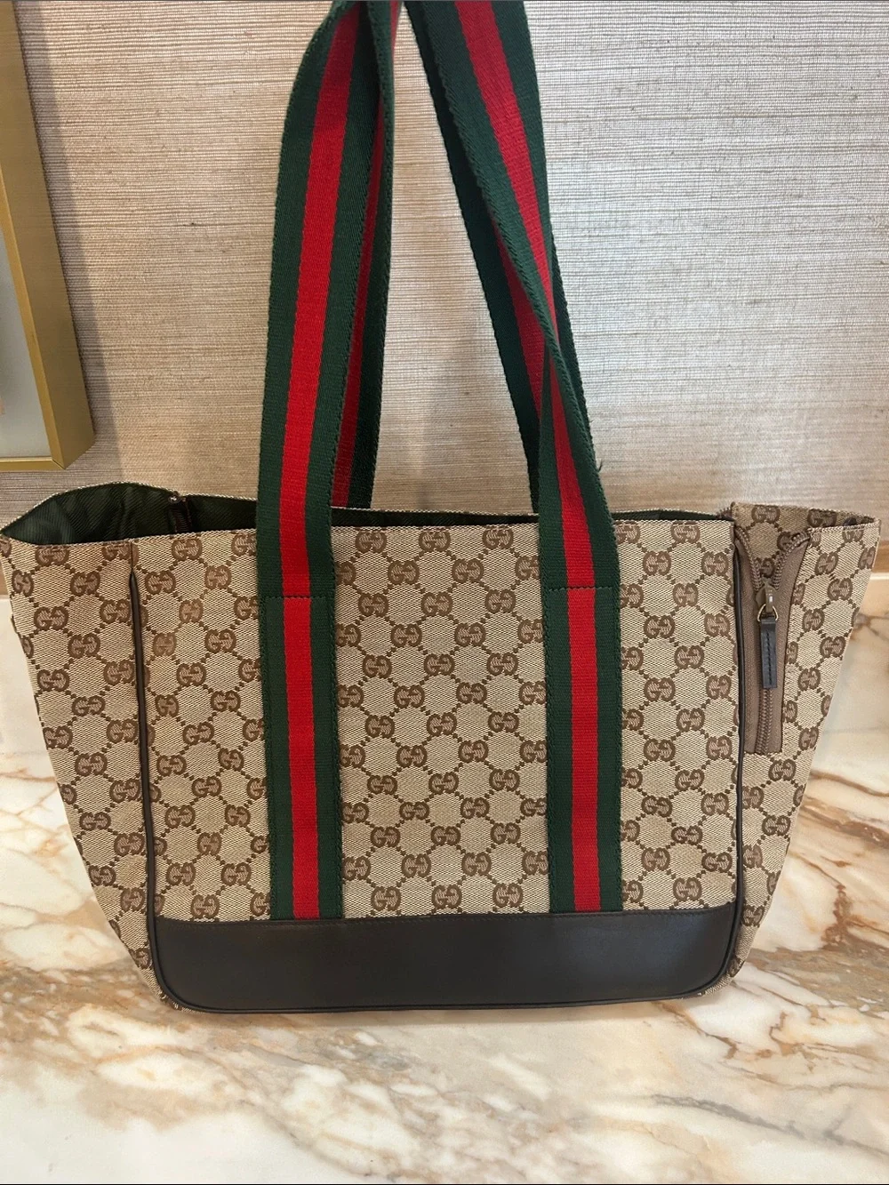 Gucci Beige GG Canvas Tote with Green and Red Web Straps