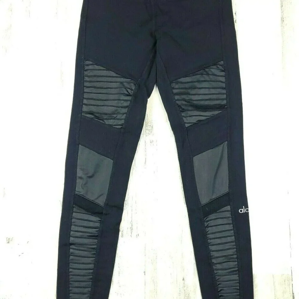 Alo Yoga Moto Leggings Black Mesh High Waist Compression Yoga Pants XS 27”