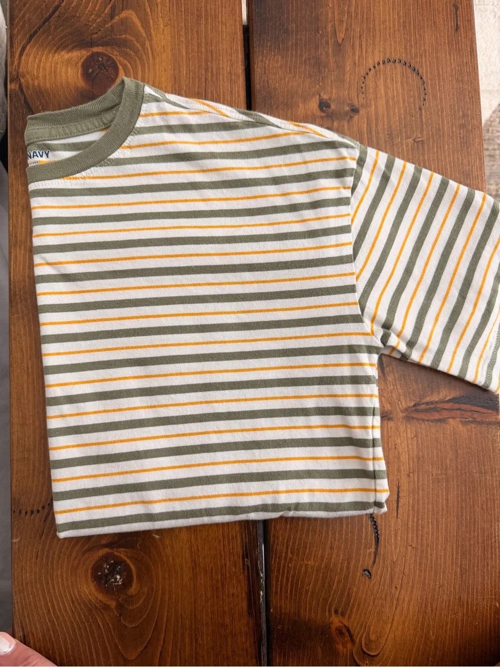 Old Navy Olive Green, Mustard & White Striped Short Sleeve Tee. Oversized fit