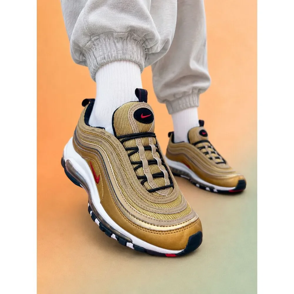 Nike Air Max 97 GS Metallic Gold University Red Black 918890-700 Youth Size 4Y