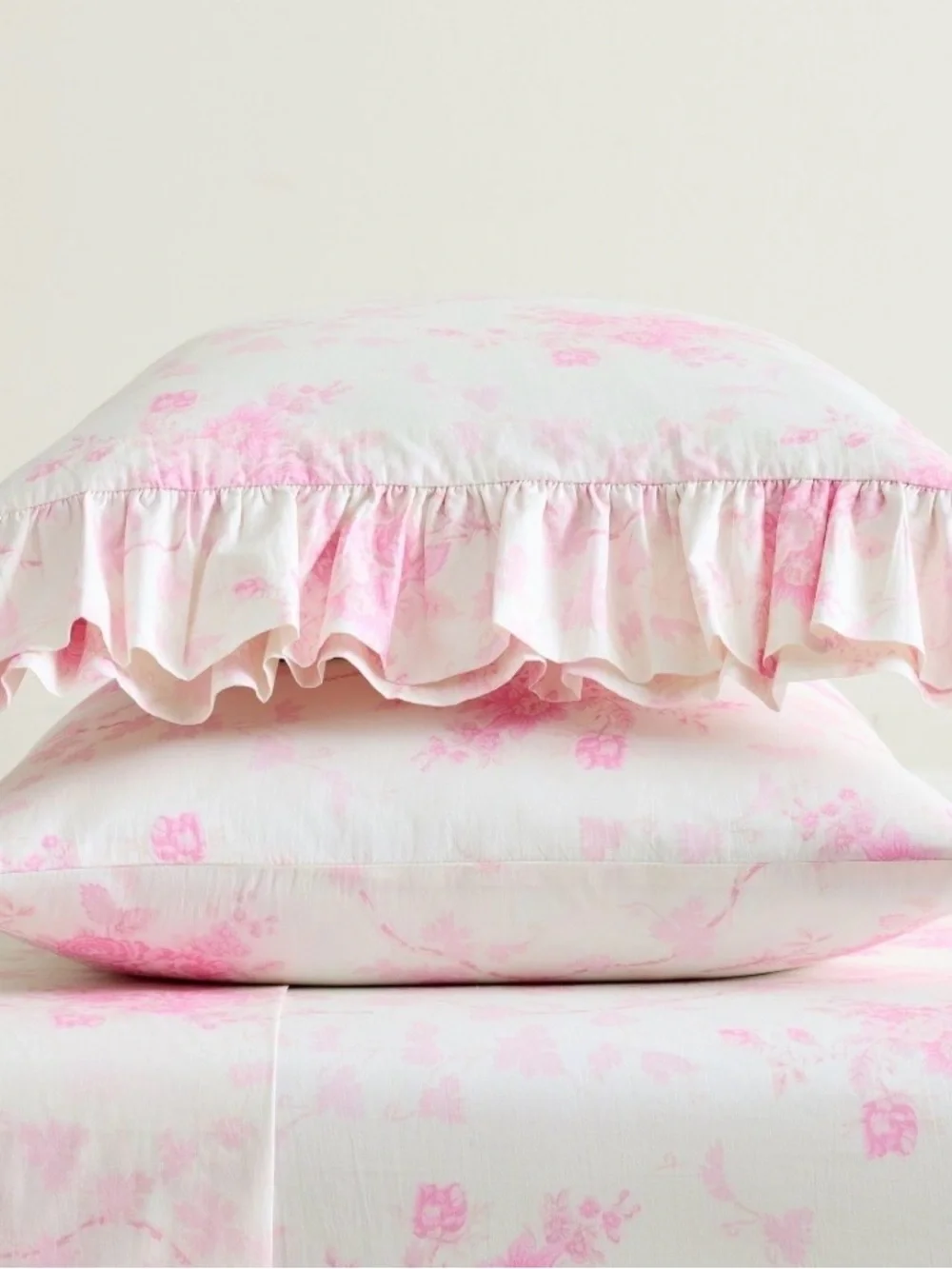 LoveShackFancy (2) Pink and White La Vie en Rose Floral Ruffle KING Pillowcases