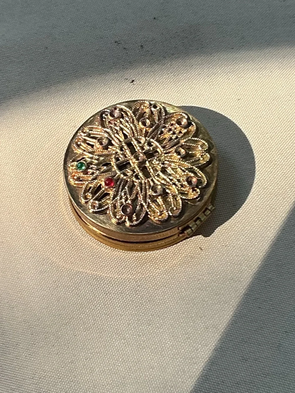 Gold-Tone Filigree Round Trinket Box with Colored Accents