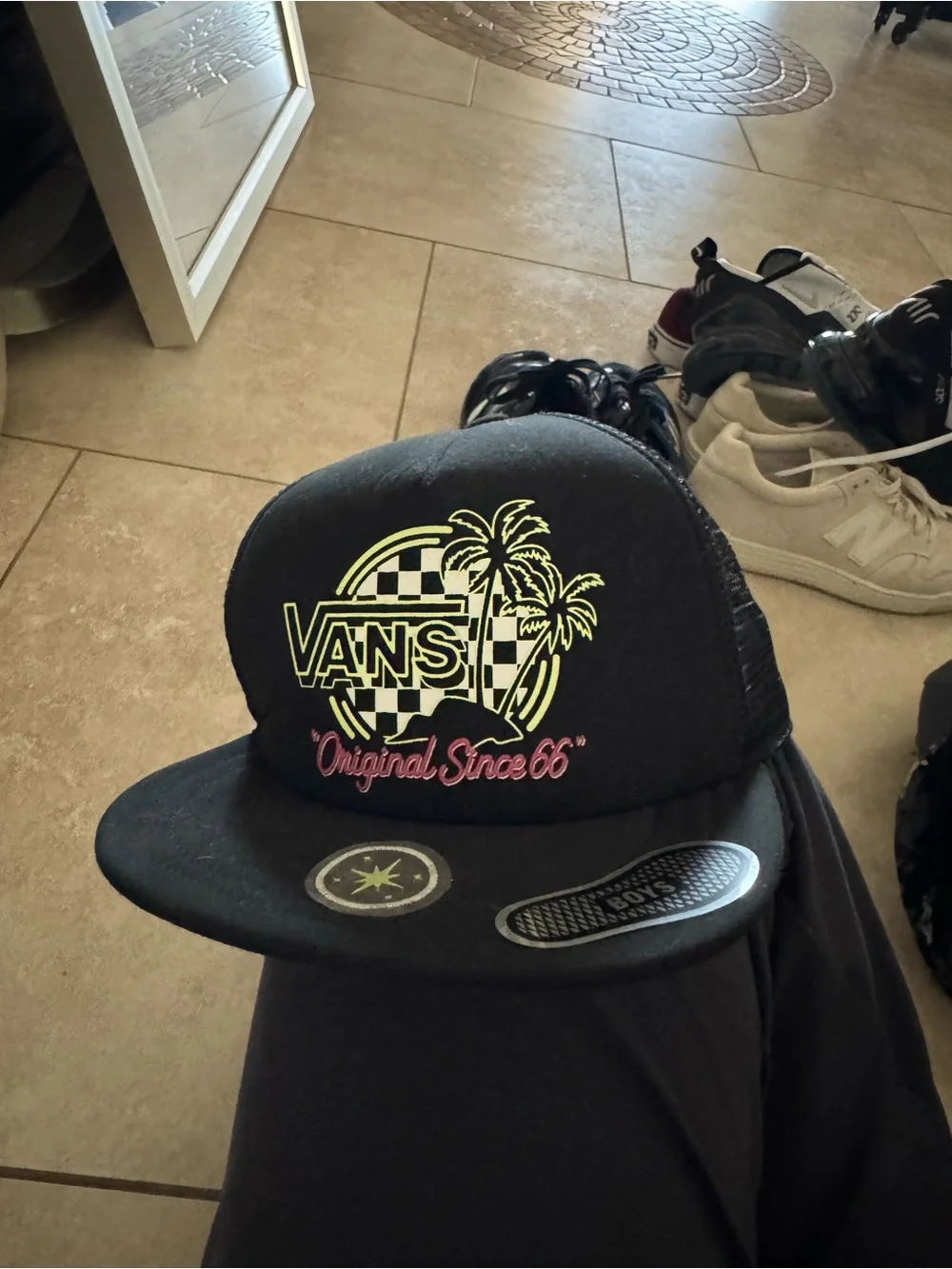 Vans Black Trucker Hat with Neon Yellow and Pink Logo