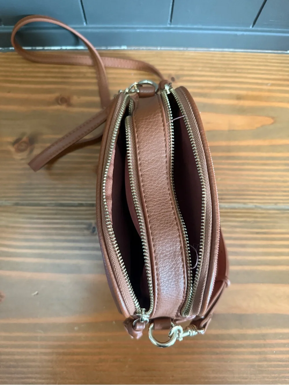 Pinkish / Brownish corduroy / leather crossbody bag with adjustable strap