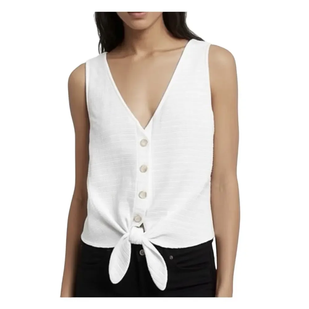J Crew White Textured Tie Front Button Tank Top XXS Classic V-Neck Beach