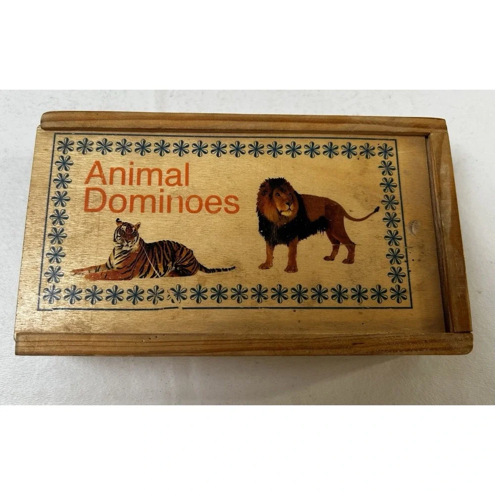 Vintage Wooden African Animal Dominoes 27 Pieces With Wooden Box Case