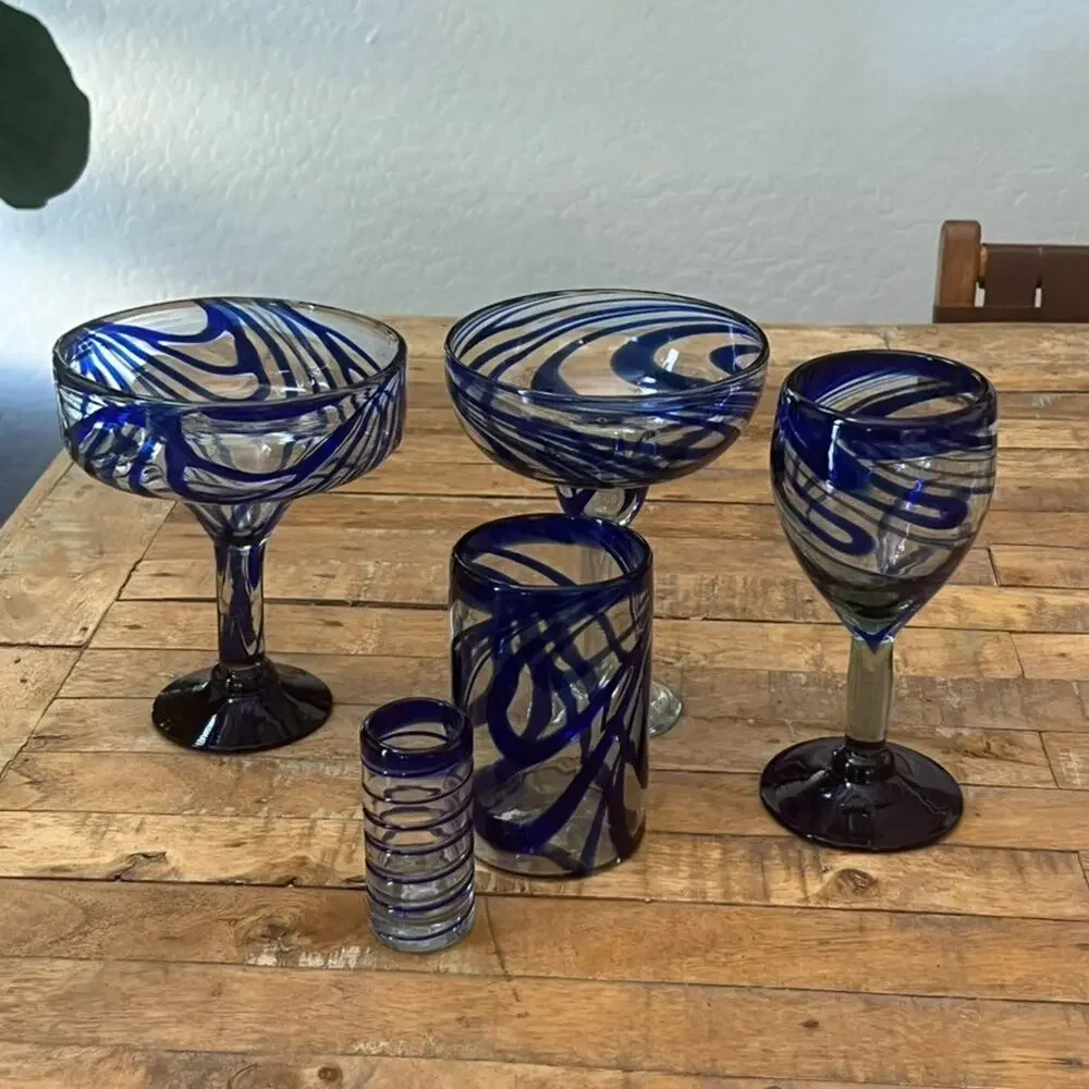 Blue Swirl Glassware Set 2 Margarita 1 Shot Glass 1 Wine Glass 1 Highball Glass