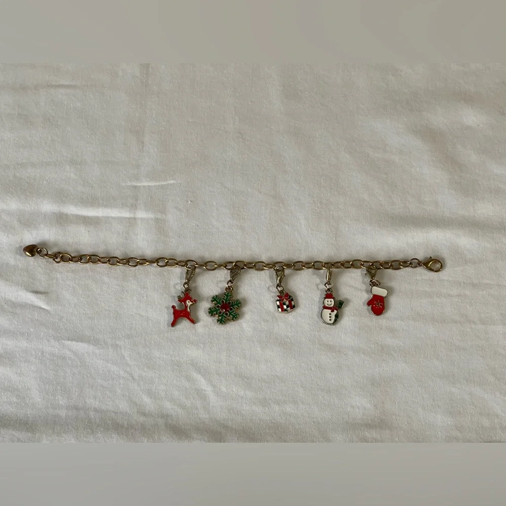 Vintage Christmas charm bracelet, gold tone, removable, charms