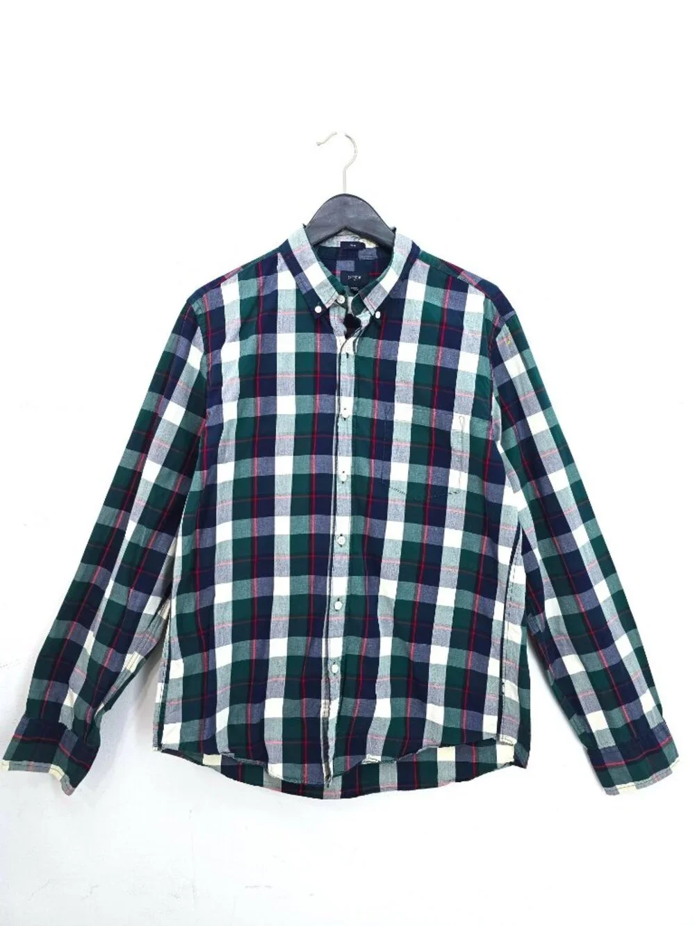 J. Crew Slim Green Blue Plaid Button Down Shirt Men's Size Large Cotton