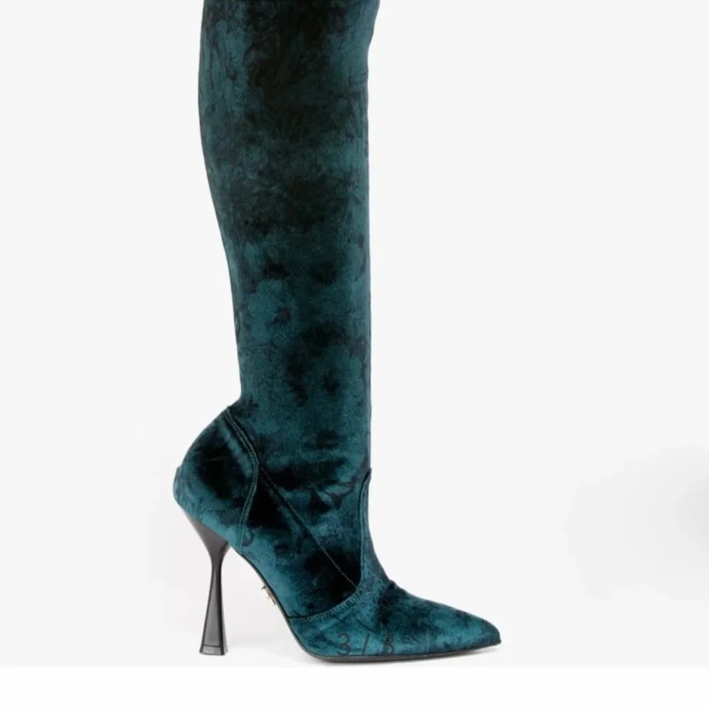 Beautiisoles by Robyn Shreiber Marilia Thigh High Green Floral Velvet Boots