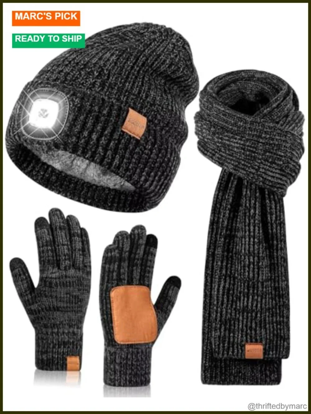 LED Beanie Gloves Scarf Set, Winter Hat with Light, Touchscreen Gloves, 3 in 1