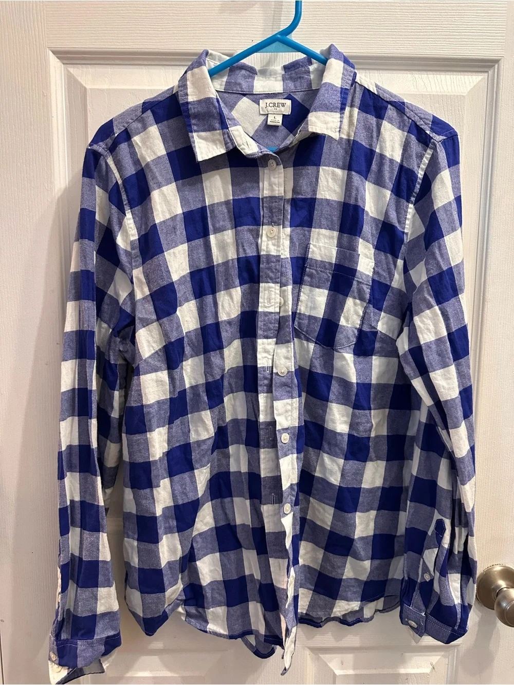 J. Crew Blue and White Buffalo Check Button-Down Shirt size L.