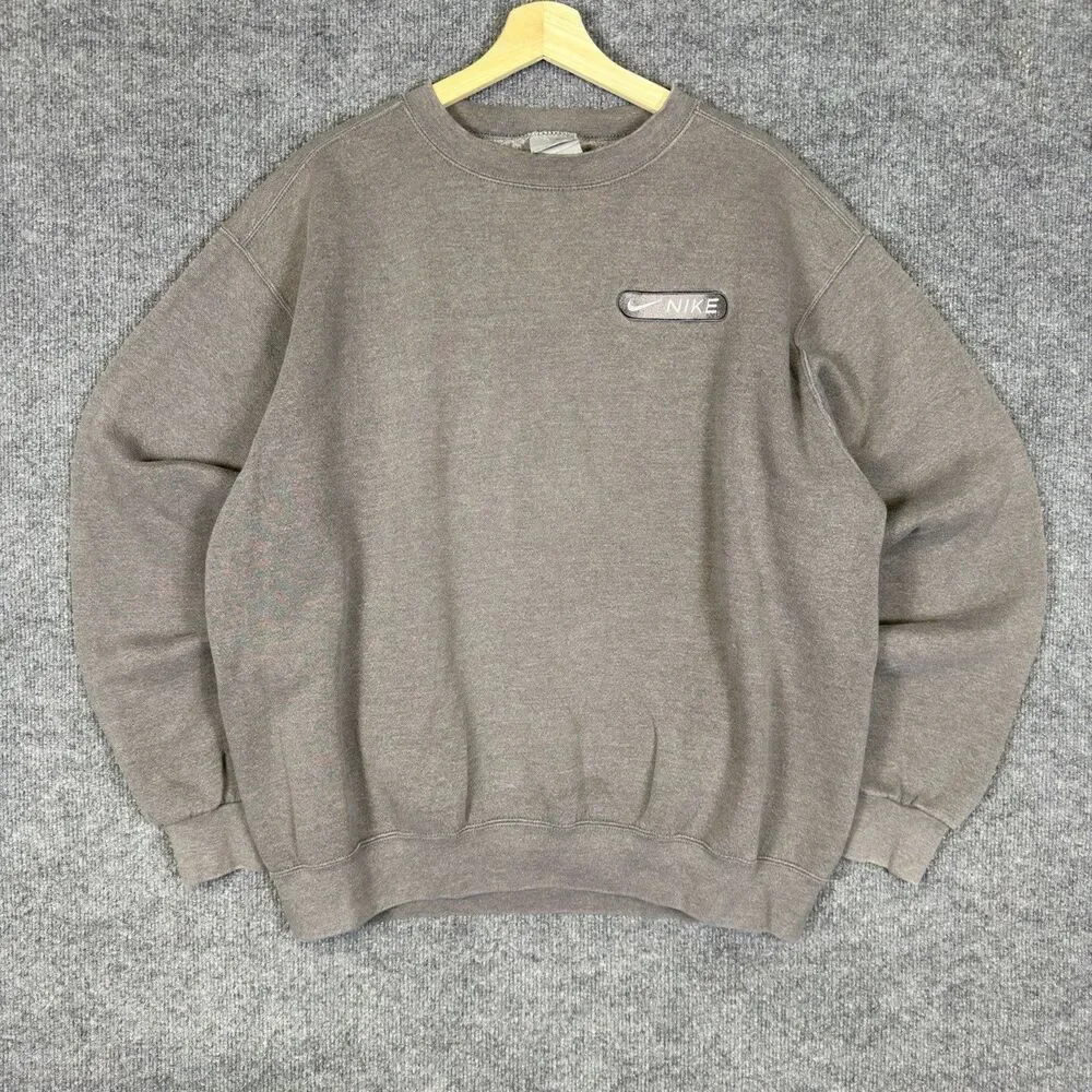 Vintage Nike Crewneck Mens Size L Gray Fleece Pullover Y2K 90s Embroidered Baggy