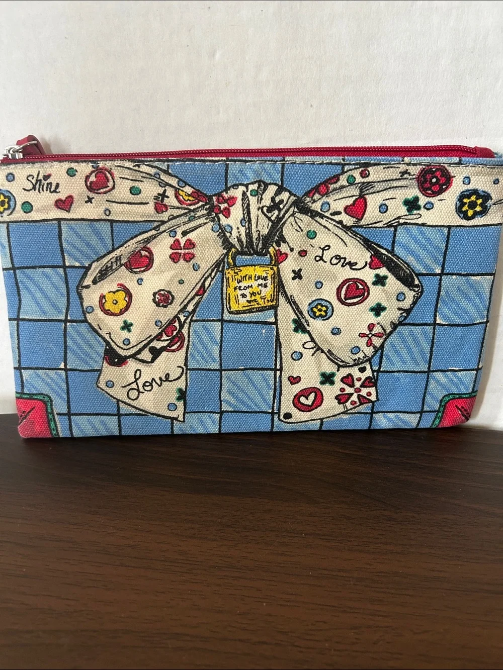 Brighton Blue Grid Cosmetic Pouch with Red Heart Accent