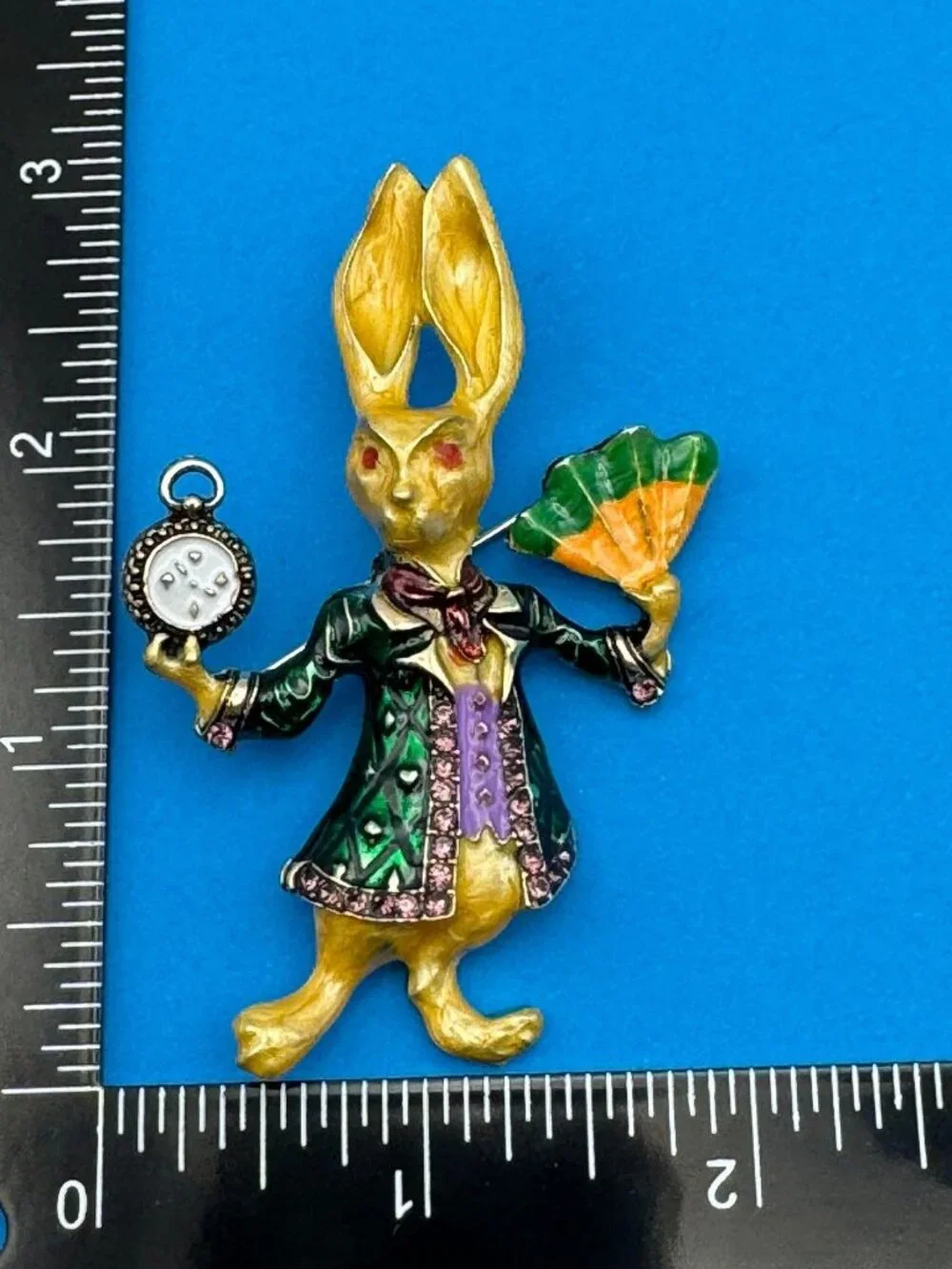 Rabbit Brooch Pin Green Coat Rhinestone Trim Enamel Clock Fan Gold Tone