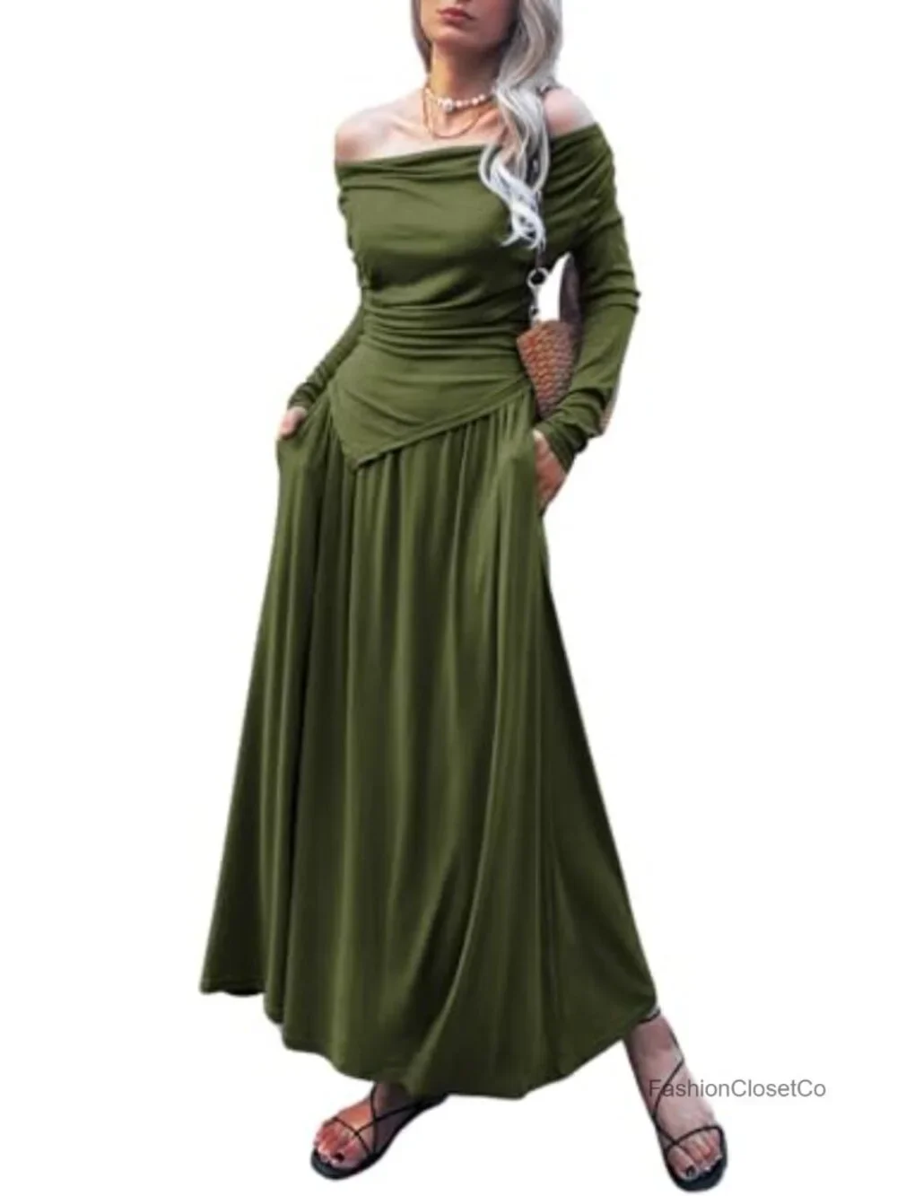 2 Piece Skirt Set Ruched Long Sleeve Off Shoulder Top Maxi Skirt Matching Sets