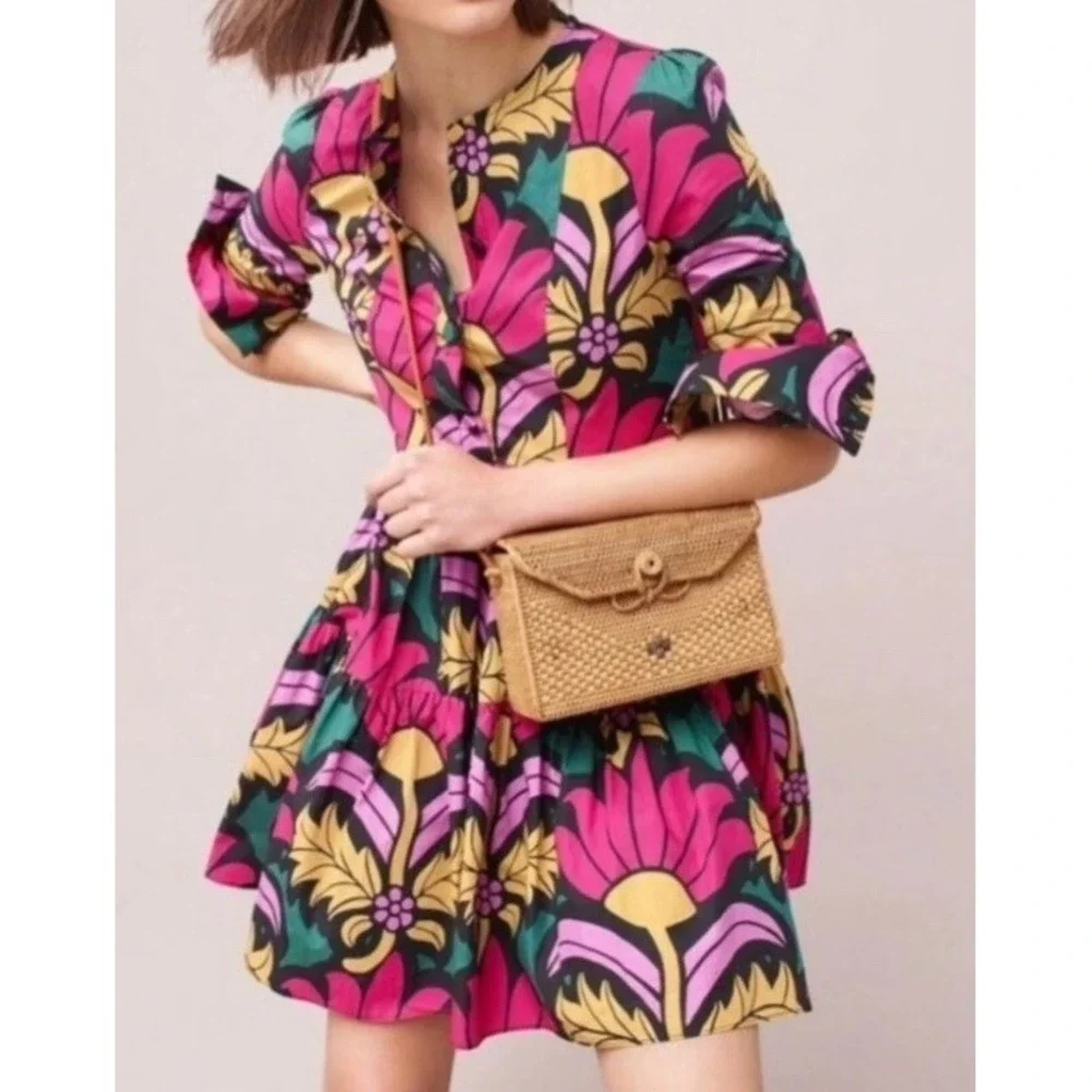 NEW J Crew Vibrant Floral Tiered Long Sleeve Dress Size 6