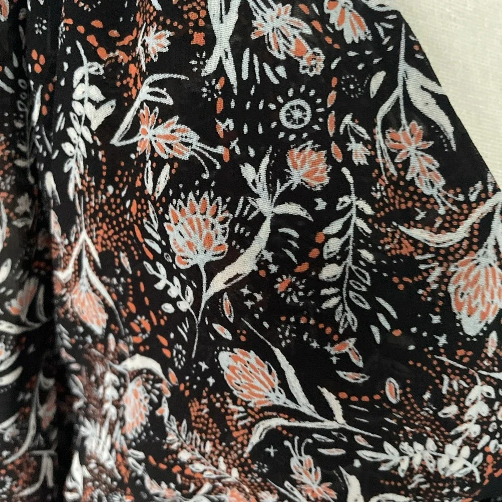 Free People NWOT Uptown Bell Sleeve Tiered Vneck Sheer Black Floral Blouse  S