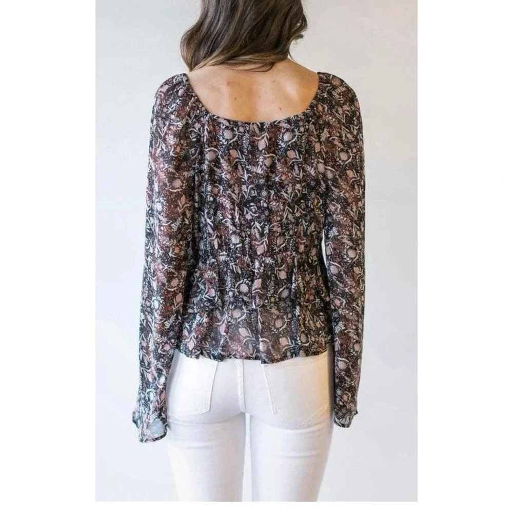 Free People NWOT Uptown Bell Sleeve Tiered Vneck Sheer Black Floral Blouse  S