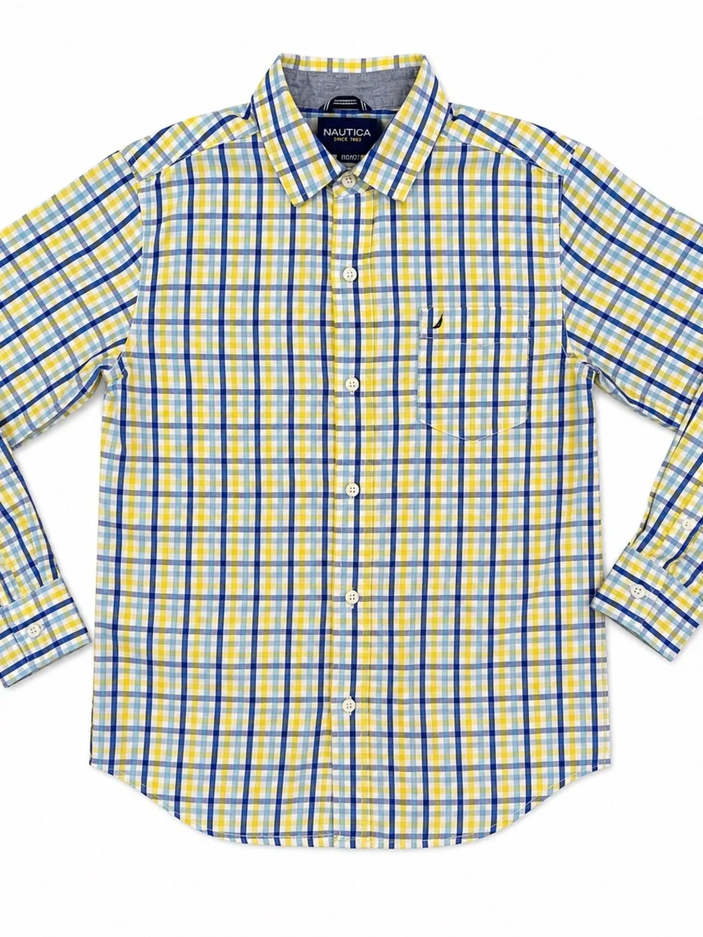Nautica Boys Medium 10/12 Plaid Button Down Shirt Blue Yellow