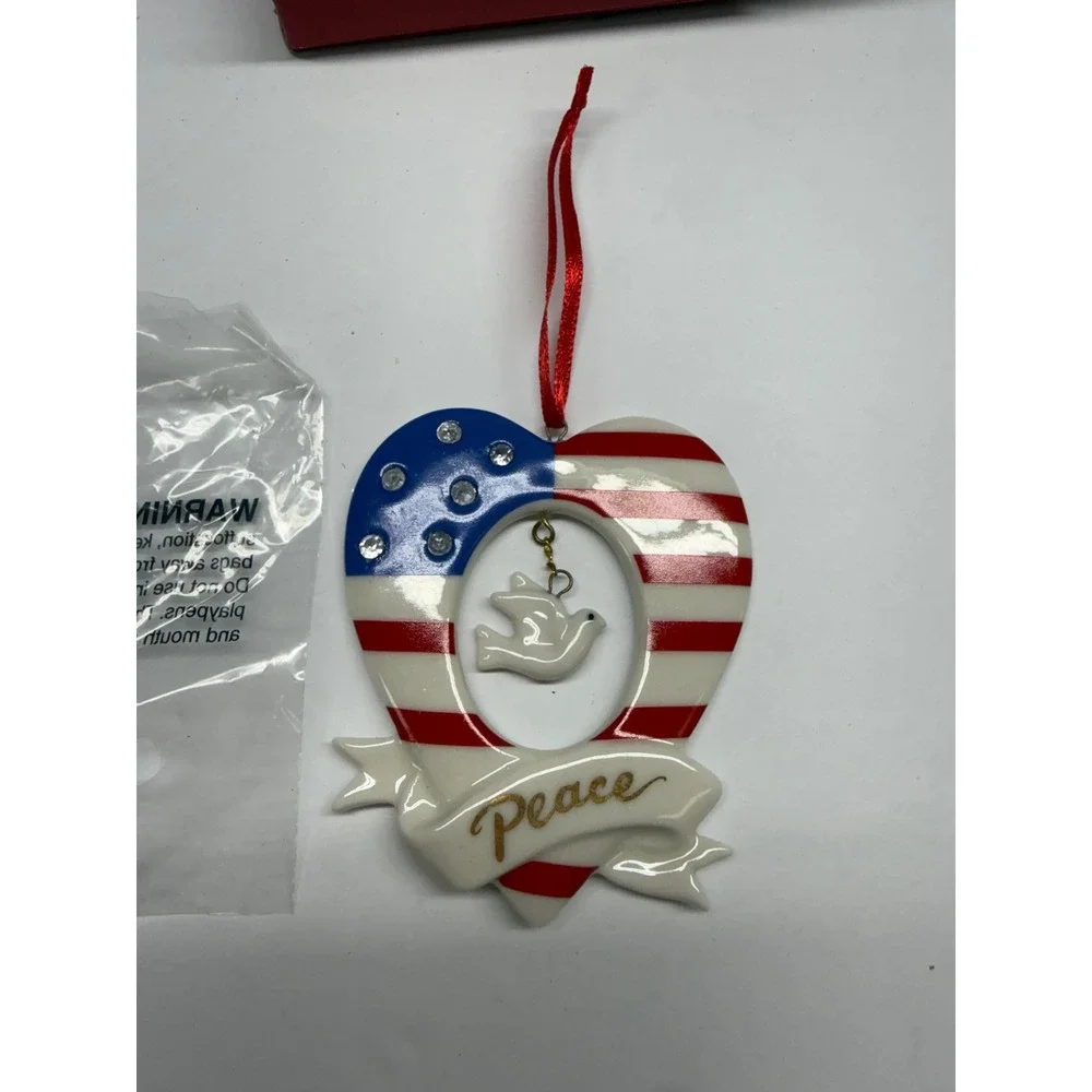 Avon 2004 Stars and Stripes Heart Ornament Peace Dove American Flag Rhinestone