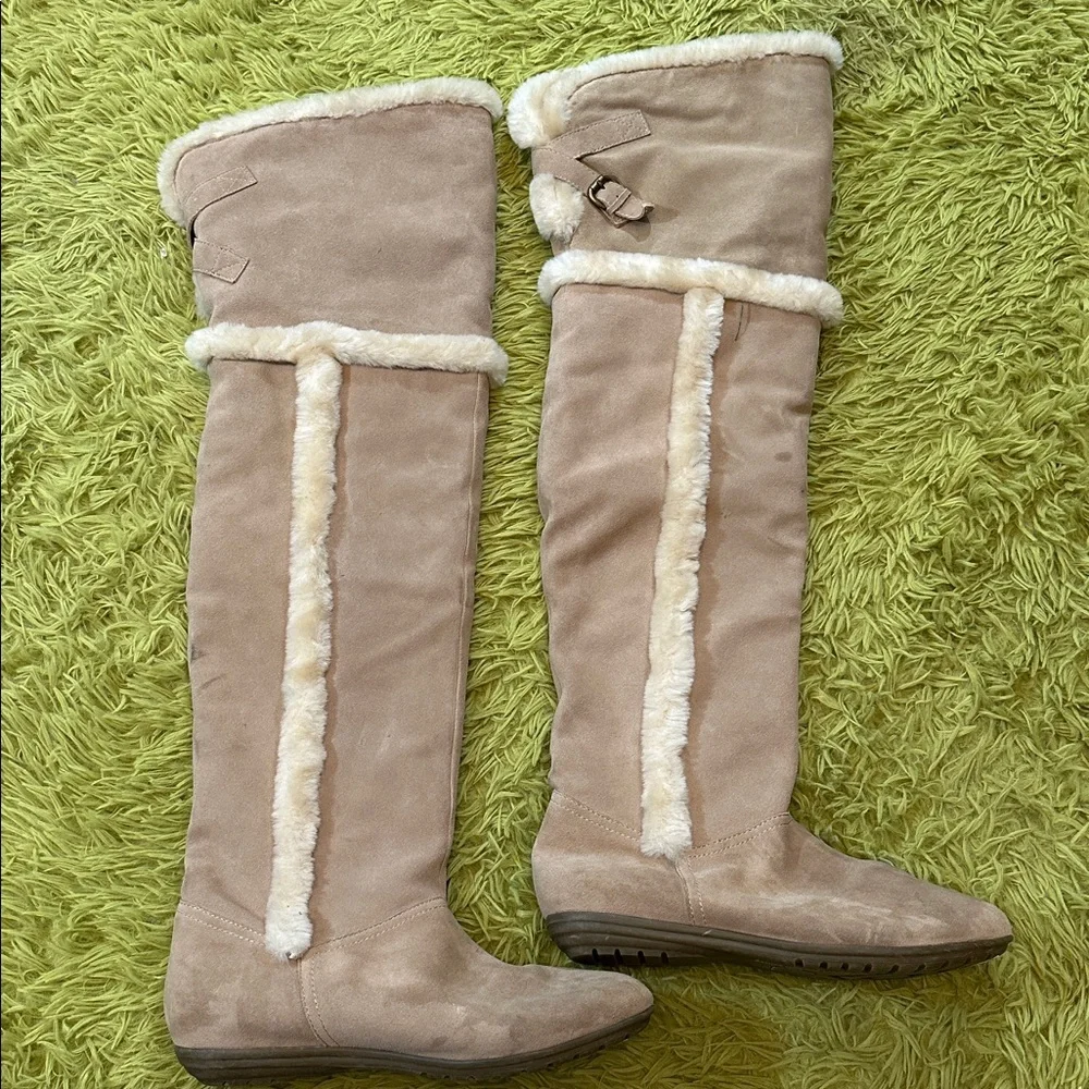 Beige Faux Suede Shearling Over the Knee Boots Size 9.5