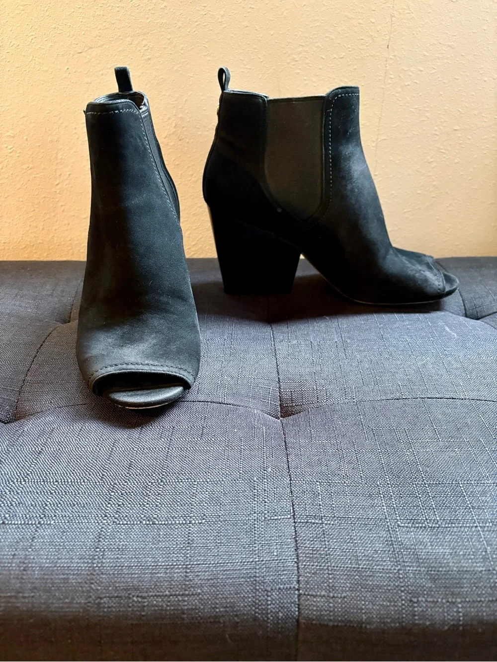 Tory Burch Black Suede Peep-Toe Block Heel Booties