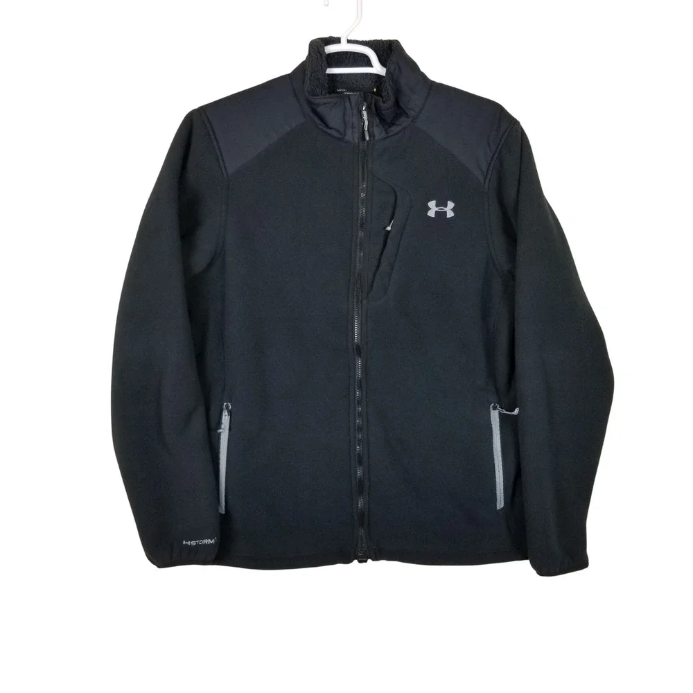 Under Armour Full Zip Fleece Jacket Mens L Black UA Storm ColdGear Woven Overlay